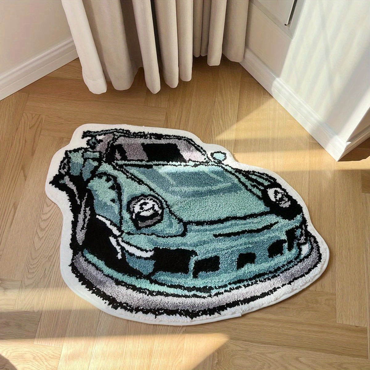 Alfombra verde con forma de coche que pesa 1850 gramos por metro cuadrado, gruesa y tejida densamente, con un respaldo antideslizante de TPR. Es suave, cómoda, absorbente de agua y adecuada para decorar dormitorios, salas de estar y baños