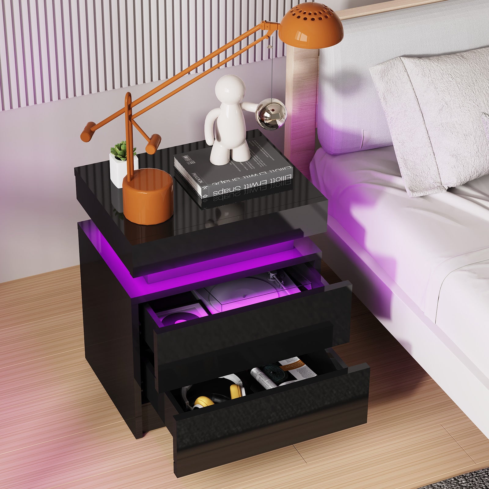 Mesita de noche de alto brillo con 2/3 cajones, mesita de noche LED y tocador moderno, mesa auxiliar con 16 colores de iluminación LED para sala de estar, 45X35X55Cm / 45X35X67Cm, Blanco/Negro