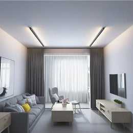 Dormitorio minimalista moderno, lámpara de pared estrecha y delgada en la cabecera de la cama, pared de fondo, decoración de iluminación para habitación