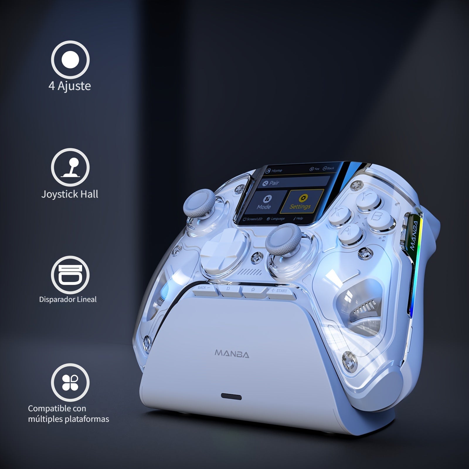 (No Drift) Mando sin varillas Interactivo para iOS/Switch/PC/Android/Steam Deck, Palanca y Gatillo de Efecto Hall, Iluminación RGB, Botones Reasignables, 1800mAh con Base de Carga-V2 (Blanco). 【Aviso】No Compatible con Xbox y PS5
